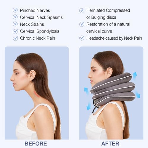 Neck Stretcher for Pain Relief, Adjustable Inflatable Cervical Traction Device, Neck Brace for Home Use, Supports Neck Decompression & Spine Alignment，Gifts for Women (Grey)