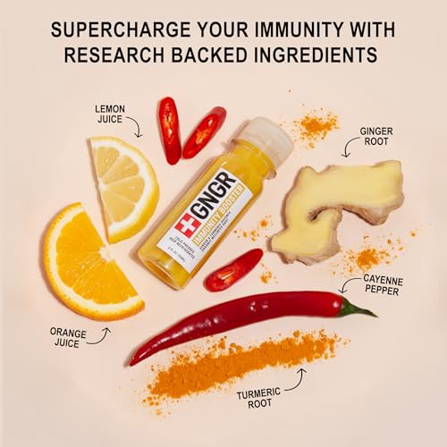 +GNGR Immunity Booster Organic Ginger and Turmeric Shot - Cold Pressed Ginger Shots with Turmeric, Cayenne Pepper, Orange, Lemon for All Natural Immune & Digestive Support (2 Oz, Pack of 12)
