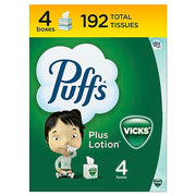 Puffs Plus Lotion with Vicks Facial Tissues, 4 Cubes, 48 Tissues per Box (192 Tissues)