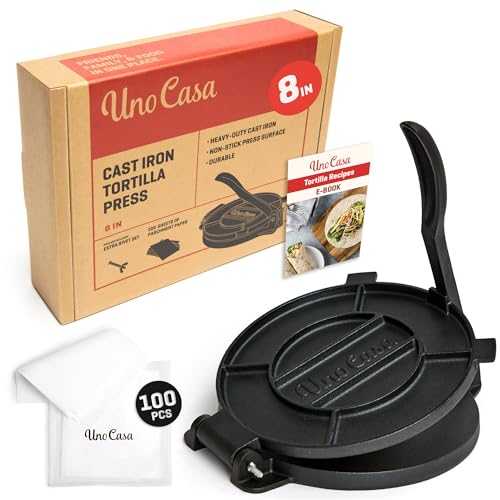Uno Casa Cast Iron Tortilla Press 8 Inch - Tortilla Maker Press, Pre-Seasoned Roti Maker with 100 Pcs Parchment Paper - Heavy Duty Quesadilla Maker for Homemade Flatbreads, Rotis, Empanadas
