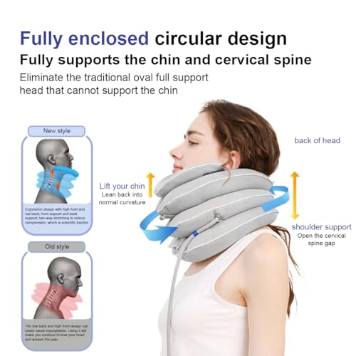 Neck Stretcher with Neck Brace,Cervical Traction Neck Device,Neck Relief Tool,Adjustable Inflatable Cervical Brace,Home Use Neck Decompression New Technology Breathable Fabric Washable&Colorfast(Gray)