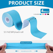 OBTANIM 4 Rolls Waterproof Breathable Kinesiology Tape, Athletic Elastic Kneepad Muscle Pain Relief Knee Taping for Gym Fitness Running Tennis Swimming Football (Black, Skin, Pink, Light Blue)