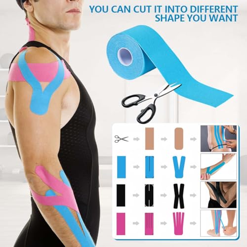 OBTANIM 4 Rolls Waterproof Breathable Kinesiology Tape, Athletic Elastic Kneepad Muscle Pain Relief Knee Taping for Gym Fitness Running Tennis Swimming Football (Black, Skin, Pink, Light Blue)