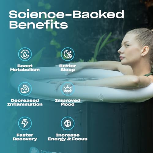 Recovery Long Pod XXL, Cold Plunge Ice Bath Tub for Athletes and Adults, Inflatable Cold Therapy Ice Barrel with Protective Lid Cover, Hooded Bathrobe, Stopwatch, Anti-Slip Mat