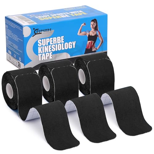 SUPERBE Precut Kinesiology Tape (3 Rolls Pack), Elastic Sports Tape for Pain Relief, Muscle Support, Recovery and Physio Therapy, Breathable, Waterproof (Black)