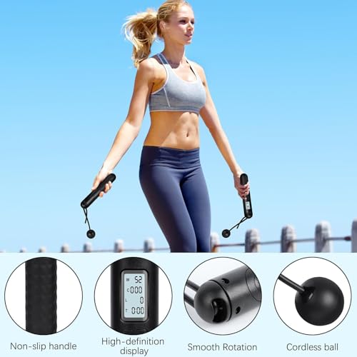 Skipping Rope with Counter, Gravity Ball Jump Rop, Counting Jump Rope, Cordless, Intelligent Digital Jump Rope, Adjustable Skipping Rope for Lose Weight- Black