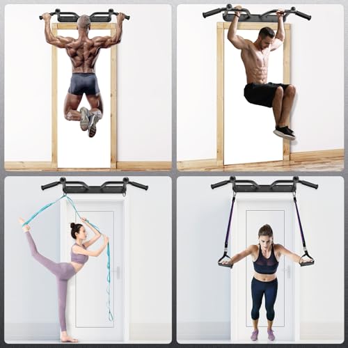 SELEWARE Heavy Duty Wall Mounted Doorway Pull Up Bar Fully Welded Multifunctional Chin Up Bar with Resistance Band Hooks & Ball Finger Training, 500LB Capacity Support Beam or Joist Mount