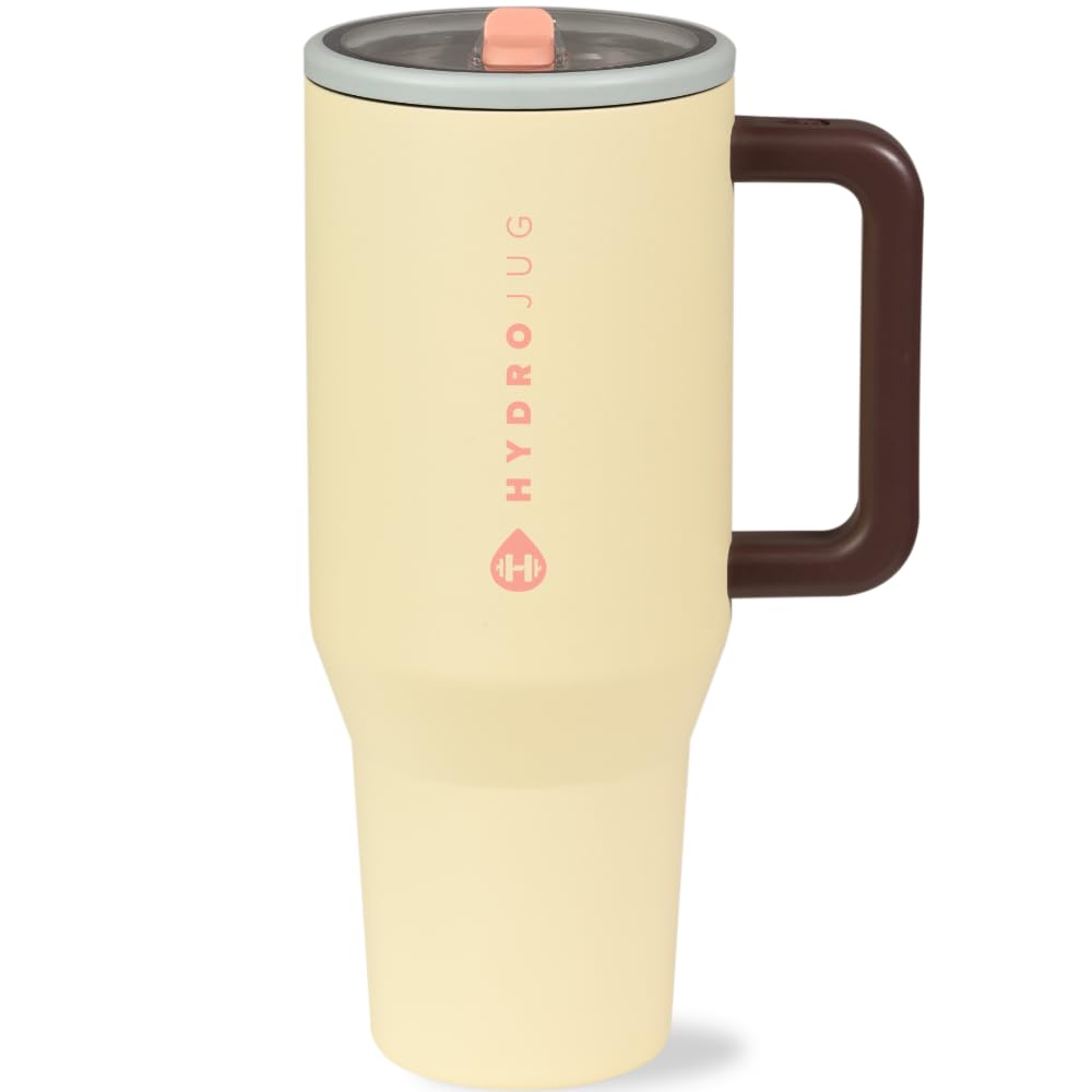 HydroJug Traveler - 32 oz Water Bottle with Handle & Flip Straw - Fits in Cup Holder, Leak Resistant Tumbler-Reusable Insulated Stainless Steel & Rubber Base - Gifts for Women & Men, Cream