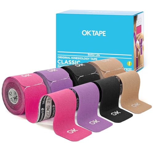OK TAPE 4 Rolls Kinesiology Tape Precut, Cotton Elastic Athletic Tape Latex Free,20 Strips per Roll 2in x 16ft,Muscle Support,Mixcolor