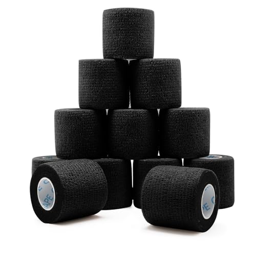 OK TAPE 12 Rolls Self Adhesive Bandage Wrap, Elastic Athletic Tape, Self Stick Bandage Tape, Vet Wrap, Medical Wrap for Wrist, Feet, 2" x 5 Yards - Black