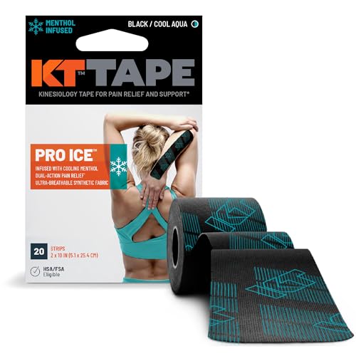 KT Tape, Pro Ice, Menthol Infused Kinesiology Tape, 20 Count, 10" Precut Strips, Black