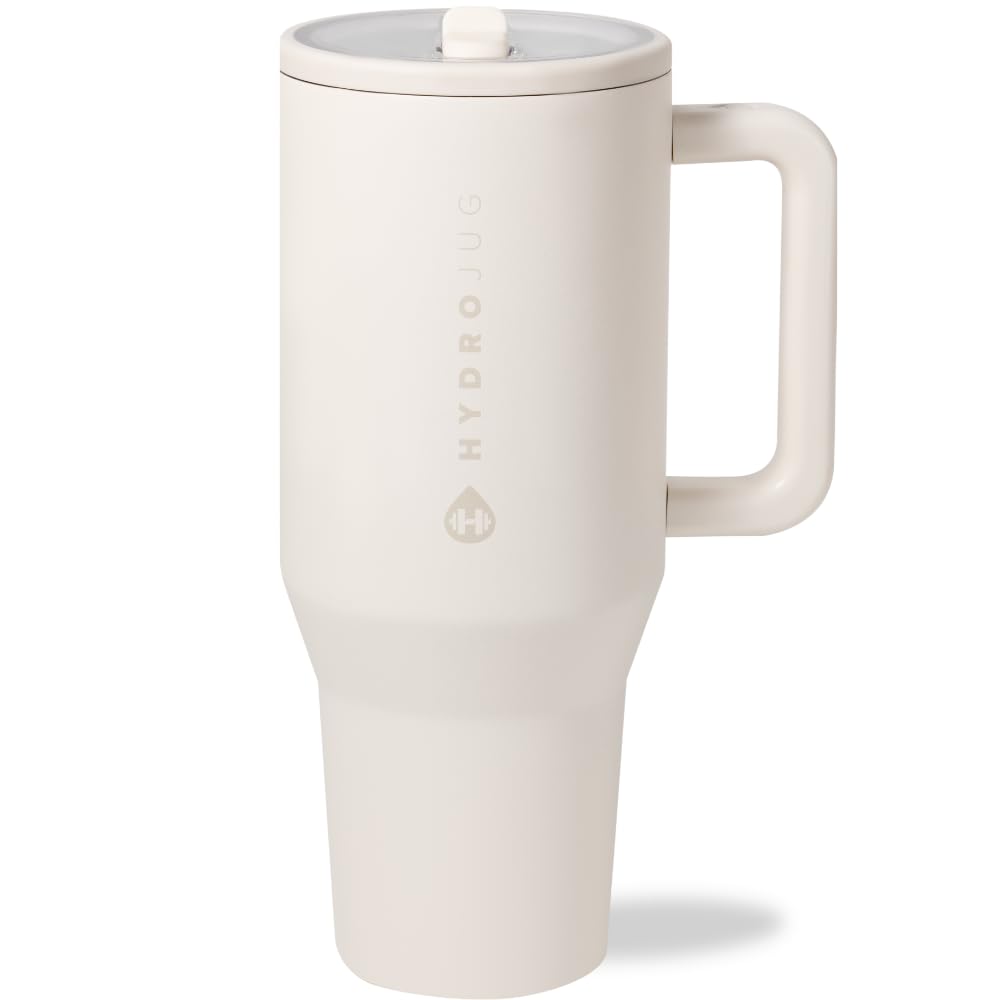 HydroJug Traveler - 32 oz Water Bottle with Handle & Flip Straw - Fits in Cup Holder, Leak Resistant Tumbler-Reusable Insulated Stainless Steel & Rubber Base - Gifts for Women & Men, Cream