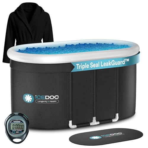 Recovery Long Pod XXL, Cold Plunge Ice Bath Tub for Athletes and Adults, Inflatable Cold Therapy Ice Barrel with Protective Lid Cover, Hooded Bathrobe, Stopwatch, Anti-Slip Mat