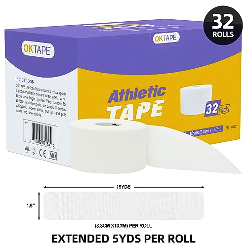 OK TAPE Athletic Sports Tape（32-Rolls - 45ft Per Roll Very Strong Tape for Athlete & Sport Trainers & First Aid Injury Wrap, Perfect for Fingers Ankles Wrist on Bat, Hockey Stick - White