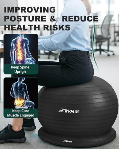 Trideer Exercise Yoga Ball Chair with Base for Home Office Desk, Stability & Fitness Ball Seat to Relieve Back Pain, Home Gym Workout for Abs, Pregnancy Ball with Pump
