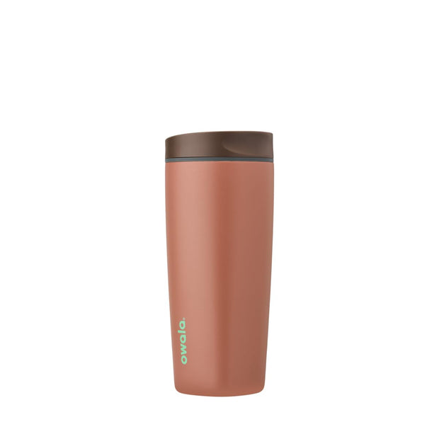 Owala SmoothSip Slider Insulated Stainless Steel Coffee Tumbler, Reusable Iced Coffee Cup, Hot Coffee Travel Mug, BPA Free 12 oz, Tan/White (Vanilla Bean)