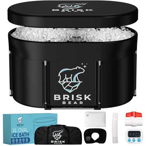 XL Oval Ice Bath Tub for Athletes with Cover by Brisk Bear - Extra Large Cold Plunge Tub for Recovery - Ice Bath Plunge Pool with Digital Timer - Cold Plunge to Soothe Muscles - Black Ice Tub
