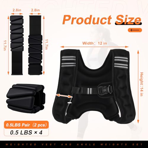 Weighted Vest, 6 lb Weight Vest with Reflective Stripe, 2 Pair of 1 lb Wrist & Ankle Weights Set for Men Women Adjustable for Workout, Strength Training, Running, Fitness, Muscle Building