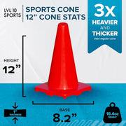 LVL10 Pro Training Cones - 12" Large Soccer Cones for Sports Training - for Basketball, Football, Basketball and Agility Drills - Soccer Field Markers That Won't Crack, Slide or Fly