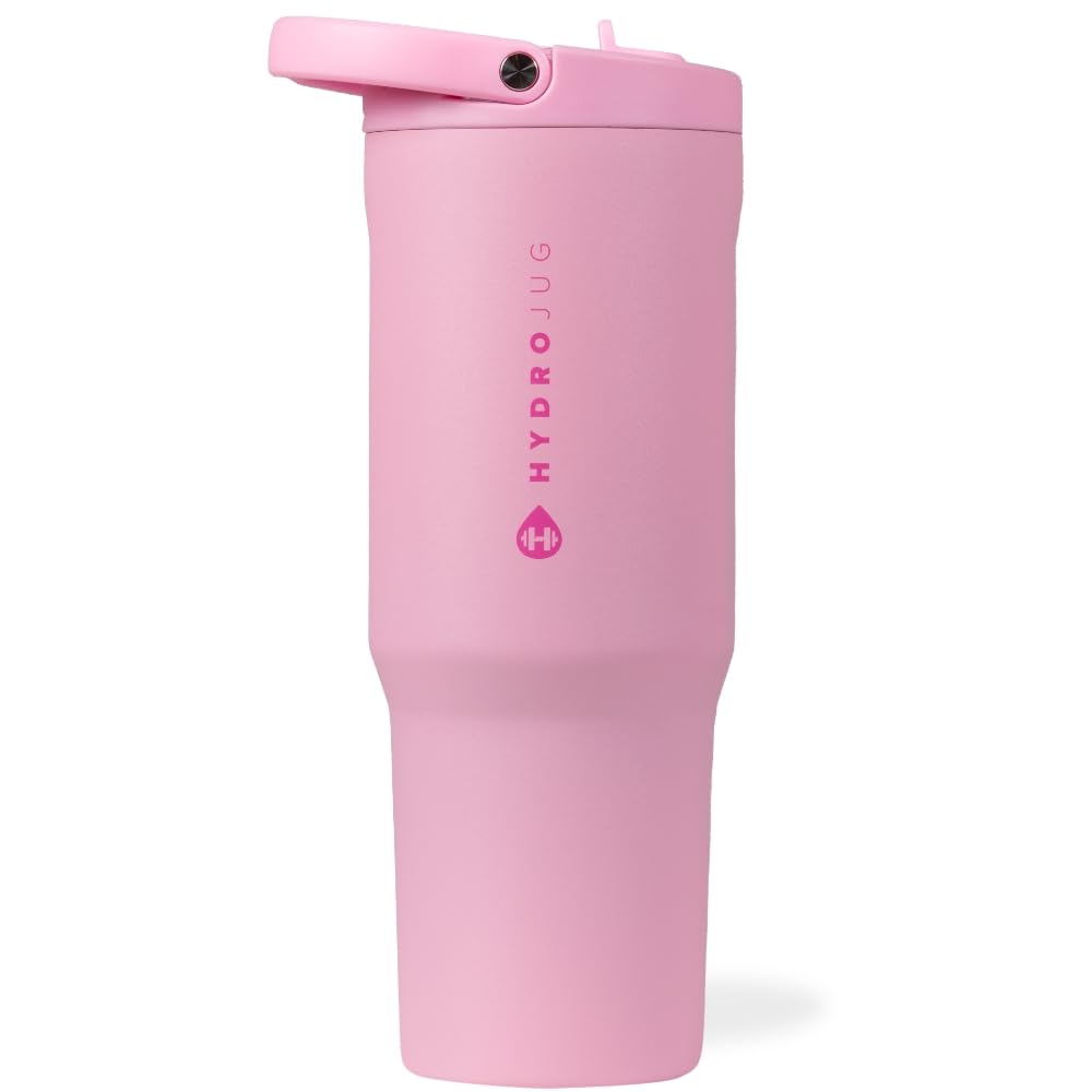 HydroJug Sport - Stainless Steel Tumbler with Straw, Vacuum Insulated, 32oz Leakproof Water Bottle, Ergonomic Design, Reusable, Dishwasher Safe, Rubber Base, Durable for Gym or Outdoors, Pink Sand