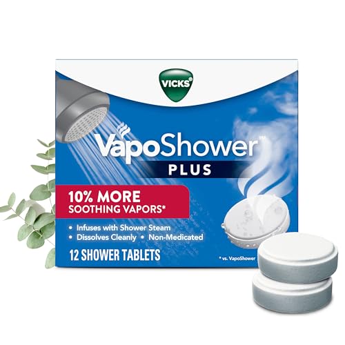 Vicks, VapoShower Plus, Shower Steamers, Eucalyptus Shower Steamer & Menthol Scent, Clean Dissolving Vapor Shower Tablets, Aromatherapy Shower Steamer & Shower Bombs, 12 count