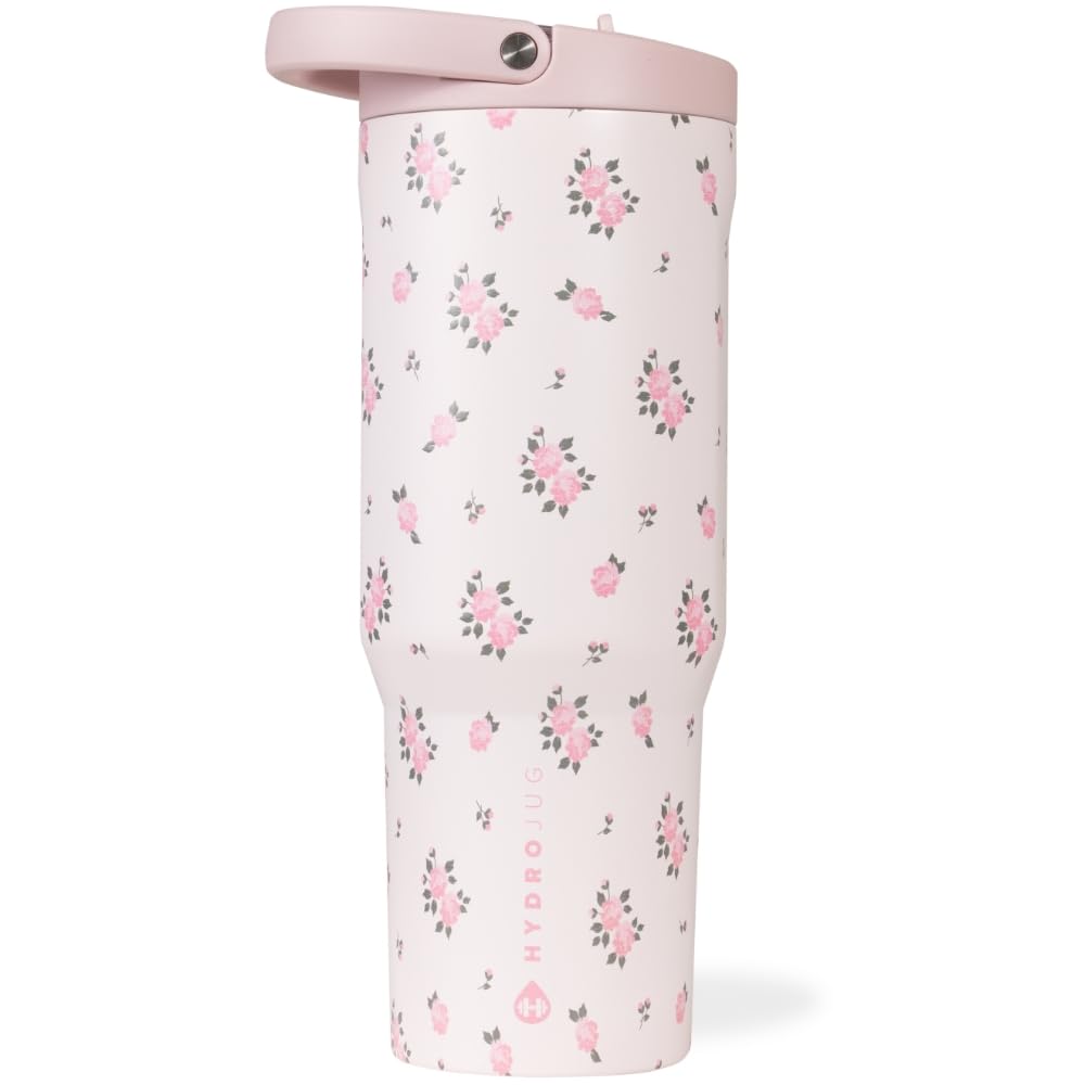 HydroJug Sport - Stainless Steel Tumbler with Straw, Vacuum Insulated, 32oz Leakproof Water Bottle, Ergonomic Design, Reusable, Dishwasher Safe, Rubber Base, Durable for Gym or Outdoors, Pink Sand