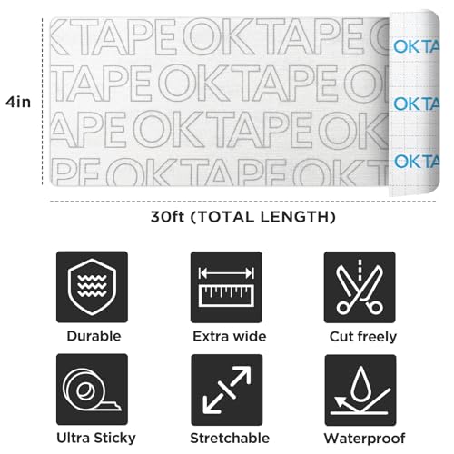 OK TAPE Turf Tape Football, Extra Wide Kinesiology Tape, Protects Arm from Turf Burn, Waterproof, Flexible, Super Sticky, White Athletic Tape (4 Inch x 30 Feet)