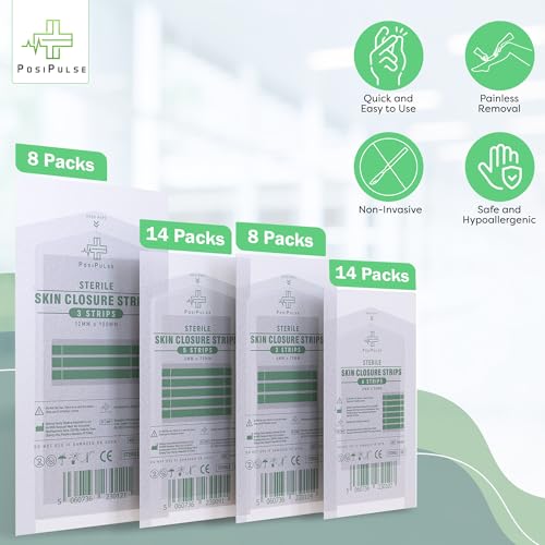 Sterile Skin Wound Closure Strips 202ct in 44pks - Improved Healing, Reinforced Design, Latex Free, Adhesive Backed, Optimal for Lacerations, Incisions, Sutures, 3x75,6x38,6x75,12x100mm