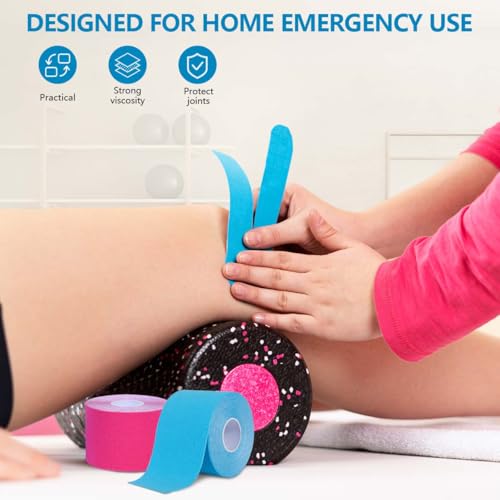 OBTANIM 4 Rolls Waterproof Breathable Kinesiology Tape, Athletic Elastic Kneepad Muscle Pain Relief Knee Taping for Gym Fitness Running Tennis Swimming Football (Black, Skin, Pink, Light Blue)