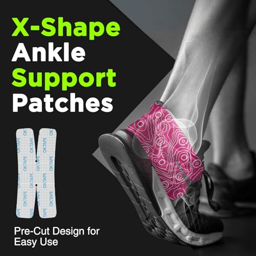 OK TAPE Kinesiology Tape for Ankle - 10 Precut Strips | Professional-Grade Water-Resistant & Breathable Ankle Tape for Sports Injury Recovery, Support, 10pcs, Pink