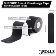 SUPERBE Precut Kinesiology Tape (3 Rolls Pack), Elastic Sports Tape for Pain Relief, Muscle Support, Recovery and Physio Therapy, Breathable, Waterproof (Black)
