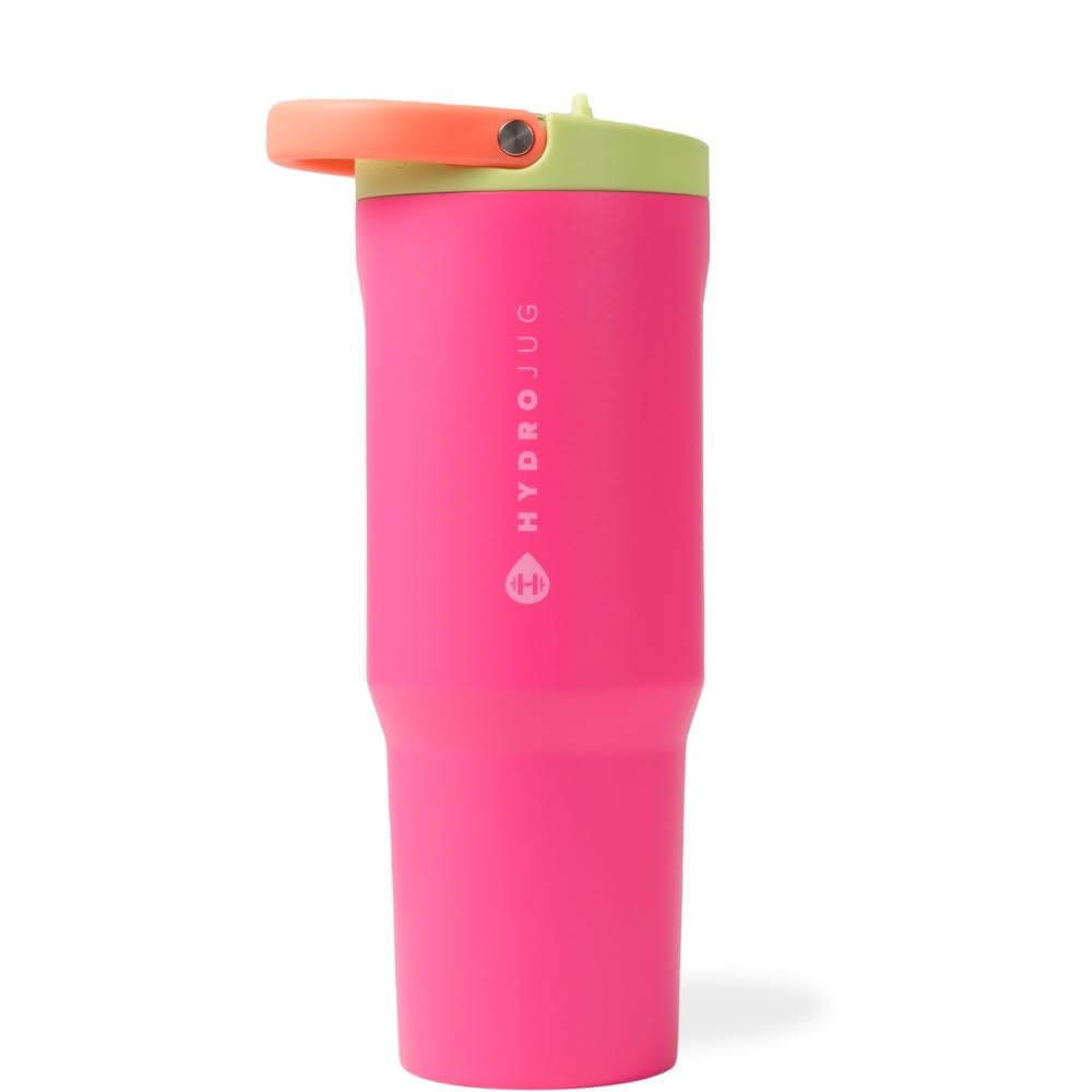 HydroJug Sport - Stainless Steel Tumbler with Straw, Vacuum Insulated, 32oz Leakproof Water Bottle, Ergonomic Design, Reusable, Dishwasher Safe, Rubber Base, Durable for Gym or Outdoors, Pink Sand