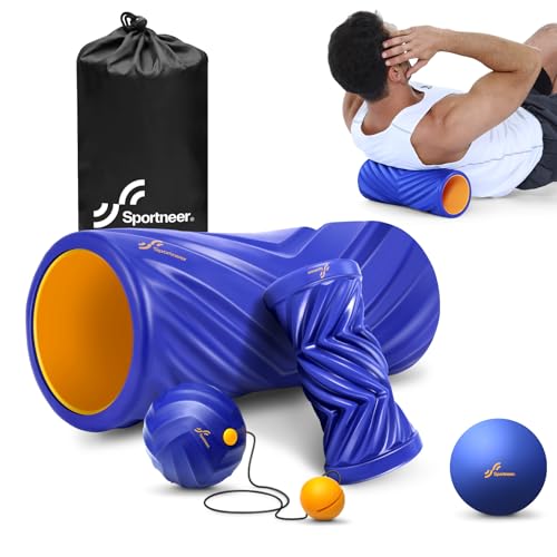Sportneer 4 in 1 Foam Roller Set: Dual Textures Foam Roller, Foot Roller, Lacrosse Ball, Traction Massage Ball with String, Deep Massage Roller for Whole Body Release, Physical Therapy