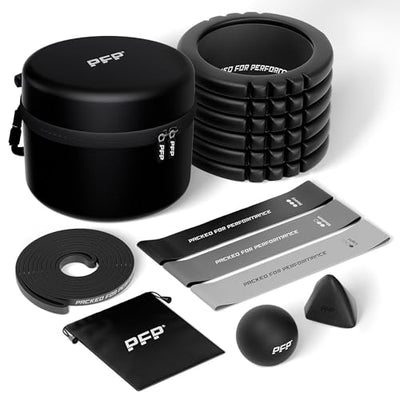 Mobility Pack, 6-Piece Workout Set - at Home & On-The-Go Exercise Recovery Tools - Foam Roller, Extended Performance & Mini Resistance Band, Massage Tool & Carry Case with Clip