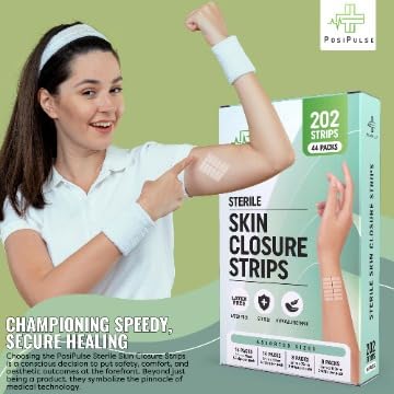 Sterile Skin Wound Closure Strips 202ct in 44pks - Improved Healing, Reinforced Design, Latex Free, Adhesive Backed, Optimal for Lacerations, Incisions, Sutures, 3x75,6x38,6x75,12x100mm