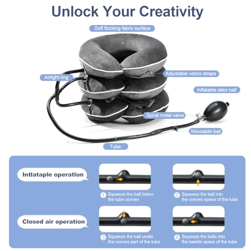 Neck Stretcher for Pain Relief, Adjustable Inflatable Cervical Traction Device, Neck Brace for Home Use, Supports Neck Decompression & Spine Alignment，Gifts for Women (Grey)