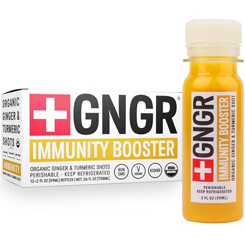 +GNGR Immunity Booster Organic Ginger and Turmeric Shot - Cold Pressed Ginger Shots with Turmeric, Cayenne Pepper, Orange, Lemon for All Natural Immune & Digestive Support (2 Oz, Pack of 12)