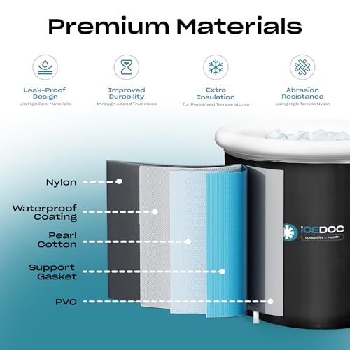 Recovery Long Pod XXL, Cold Plunge Ice Bath Tub for Athletes and Adults, Inflatable Cold Therapy Ice Barrel with Protective Lid Cover, Hooded Bathrobe, Stopwatch, Anti-Slip Mat