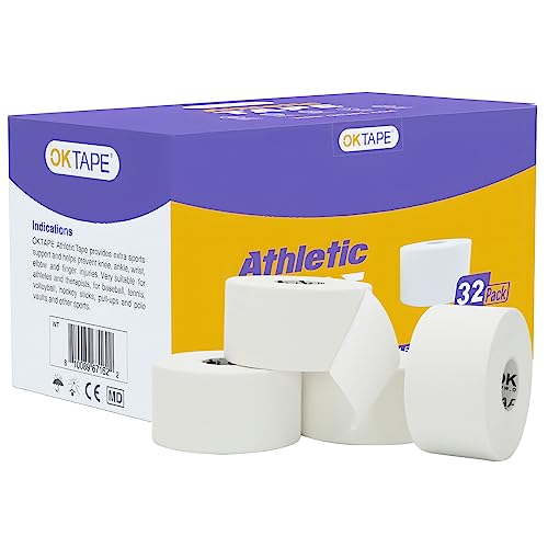 OK TAPE Athletic Sports Tape（32-Rolls - 45ft Per Roll Very Strong Tape for Athlete & Sport Trainers & First Aid Injury Wrap, Perfect for Fingers Ankles Wrist on Bat, Hockey Stick - White