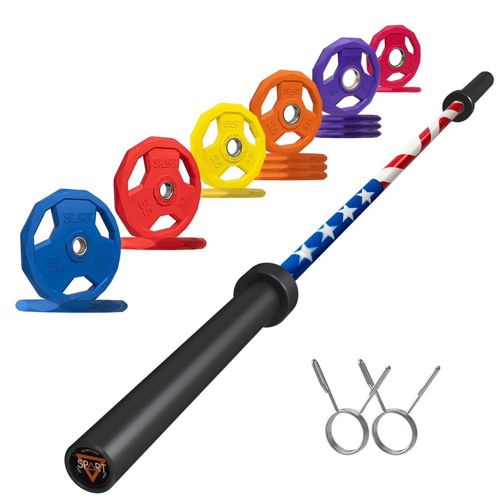 7FT Olympic Barbell Bar with Weight Plate Set Combo, Solid Olympic Bar with Bearings, 700Lbs Capacity Weight Bar for Home Gym Strength Training, Weightlifting, Powerlifting, Fit for 2" Olympic Plates