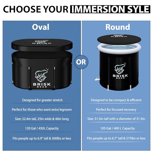 XL Oval Ice Bath Tub for Athletes with Cover by Brisk Bear - Extra Large Cold Plunge Tub for Recovery - Ice Bath Plunge Pool with Digital Timer - Cold Plunge to Soothe Muscles - Black Ice Tub