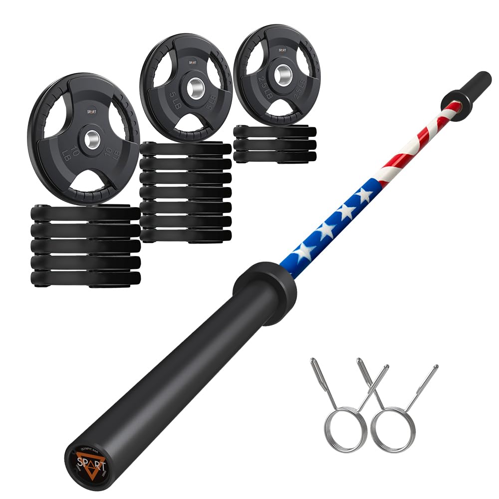 7FT Olympic Barbell Bar with Weight Plate Set Combo, Solid Olympic Bar with Bearings, 700Lbs Capacity Weight Bar for Home Gym Strength Training, Weightlifting, Powerlifting, Fit for 2" Olympic Plates