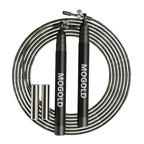 speed jump rope incl. 2 PVC Steel Cables 2.0mm/3.0mm| Ideal for Crossfit, Fitness, Boxing and Easy Double Under | Metal Jump Rope with Weights for Fitness Women and Men Premium Bearing Balls | Carry Pouch&Spare Screws
