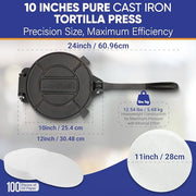 10 Inch Cast Iron Tortilla Press by StarBlue with FREE 100 Pieces Oil Paper and Digital Recipes e-book - Tool to make Indian style Chapati, Flour Tortilla, Roti