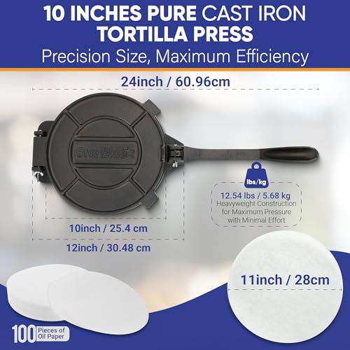 10 Inch Cast Iron Tortilla Press by StarBlue with FREE 100 Pieces Oil Paper and Digital Recipes e-book - Tool to make Indian style Chapati, Flour Tortilla, Roti
