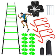 Speed & Agility Ladder Training Equipment Set, Includes 12 Rung 20ft Agility Ladder, 4 Agility Hurdles,12 Disc Cones, 1 Resistance Parachute for Training Football Soccer Basketball Athletes