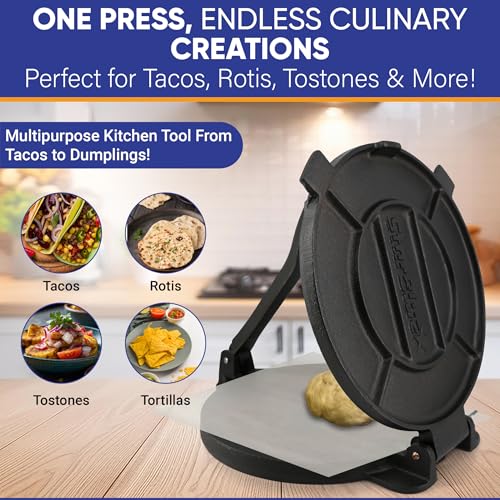 10 Inch Cast Iron Tortilla Press by StarBlue with FREE 100 Pieces Oil Paper and Digital Recipes e-book - Tool to make Indian style Chapati, Flour Tortilla, Roti