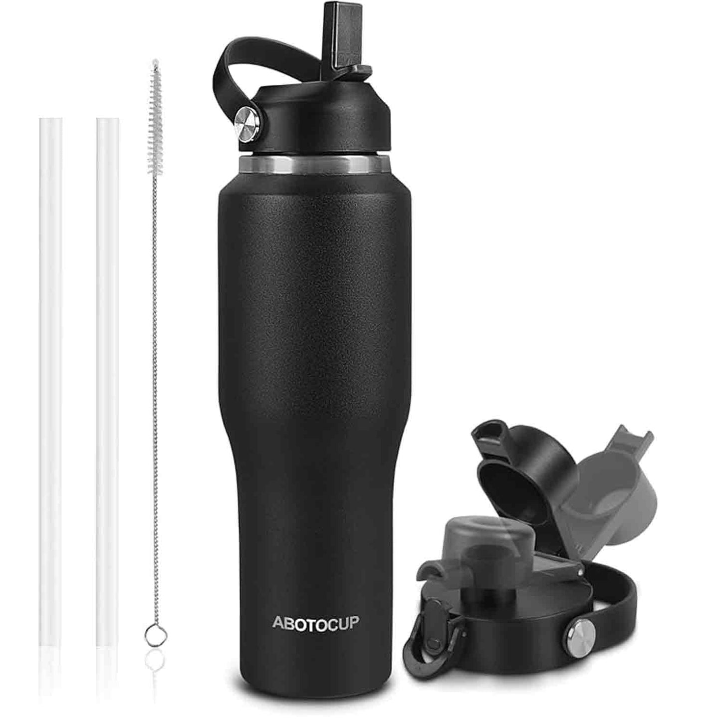 32oz Black Water Bottle Stainless Steel, Keep Cold 24H&Hot 12H, Water Bottle with Straw&Spout Lids, Insulated Water Bottle Double Wall Vacuum, Fit in Any Car Cup Holder, Leak-proof BPA Free