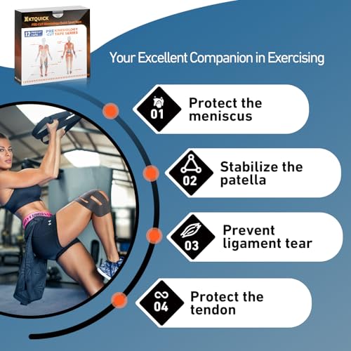 PreCut Kinesiology Tape for Knees, 12PCS Upgraded Waterproof KTQUICK Knee Tape for Knee Pain Relief Pre Cut, Original Cotton Athletic Knee Tape, Waterproof&Hypoallergenic Latex-Free for Sports (Black)