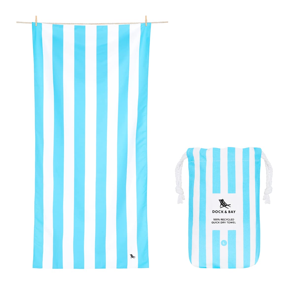 Dock & Bay Beach Towel - Quick Dry, Sand Free - Compact, Lightweight - 100% Recycled - Includes Bag - Cabana - Bondi Blue - Large (160x90cm, 63x35)